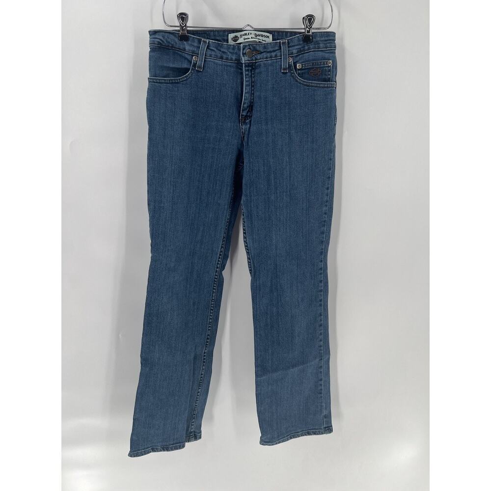 Harley Davidson Jeans Womens 8 Mid Rise Medium Wash Biker Logo Straight Leg